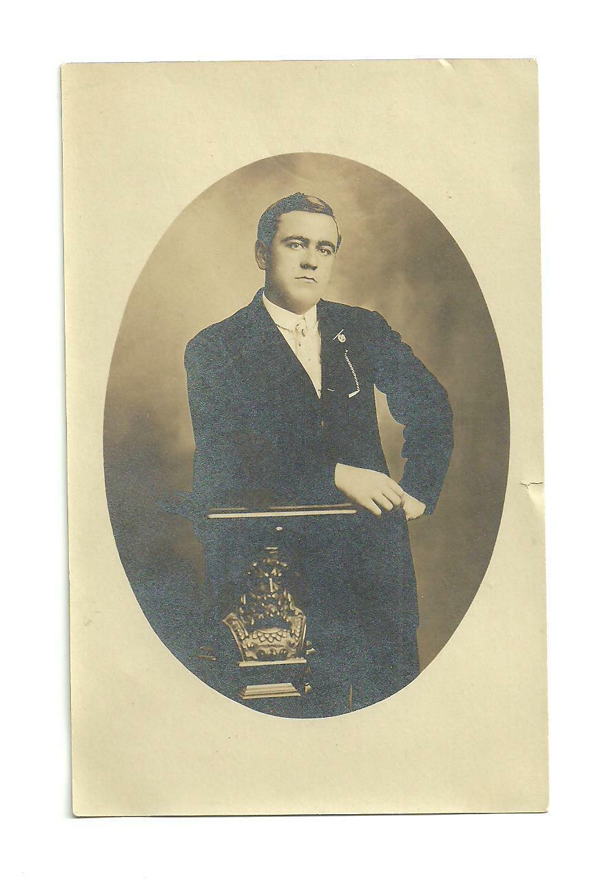 Real Photo Portrait Man w/Pedestal Antique Postcard RPPC