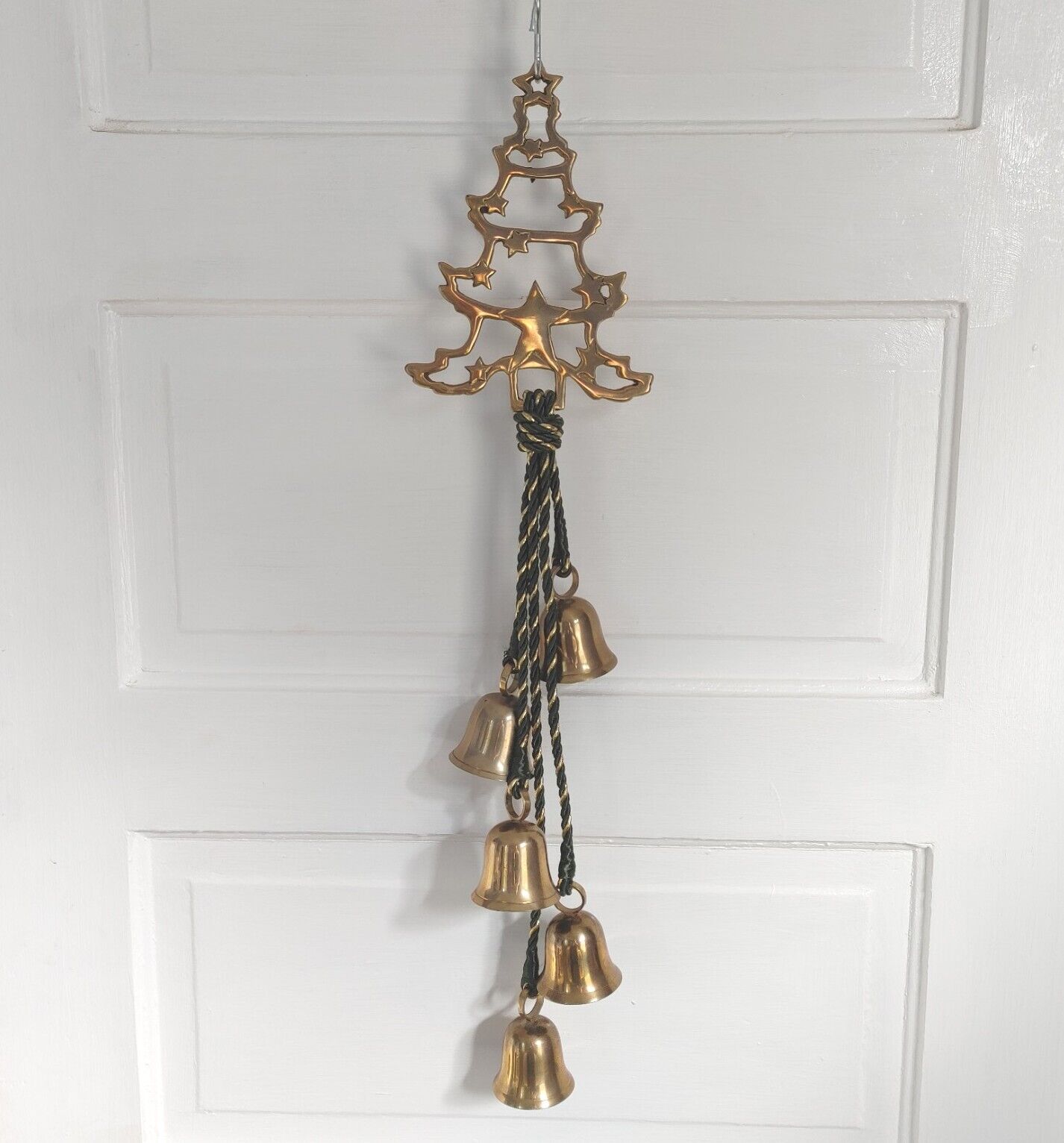 Vintage Brass Christmas Tree Jingle Bells Door Hanger 26\