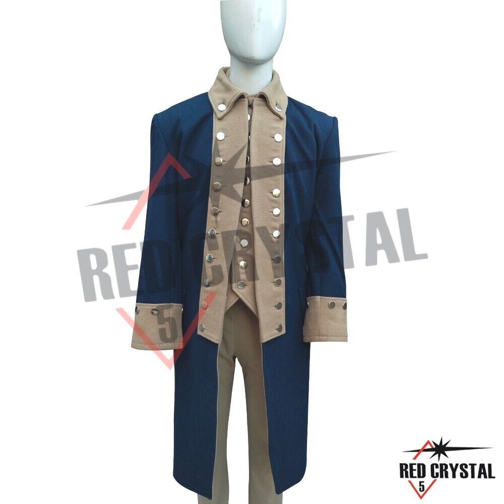 Revolutionary War Uniform Officer Regimental Navy Blue Men's American Coat+Waist