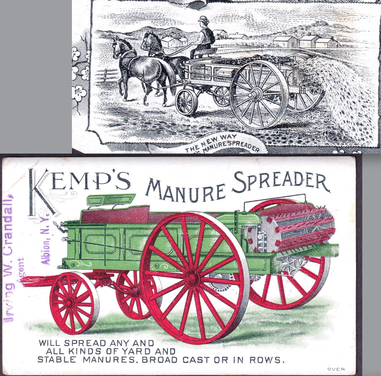 pre-John Deere 1800\'s Kemp & Burpee Manure Spreader Old vs New Advertising Card