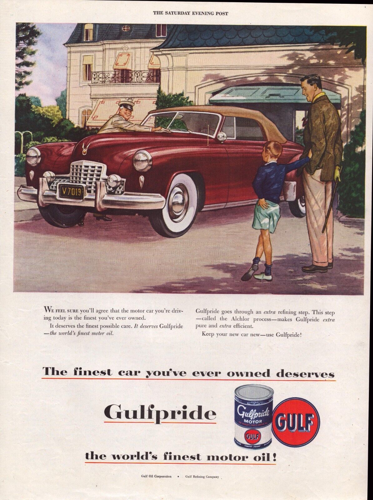 1949 Gulf Oil Corp Dad & Son Car Getting Waxed Sat Evening Post Vintage Print Ad