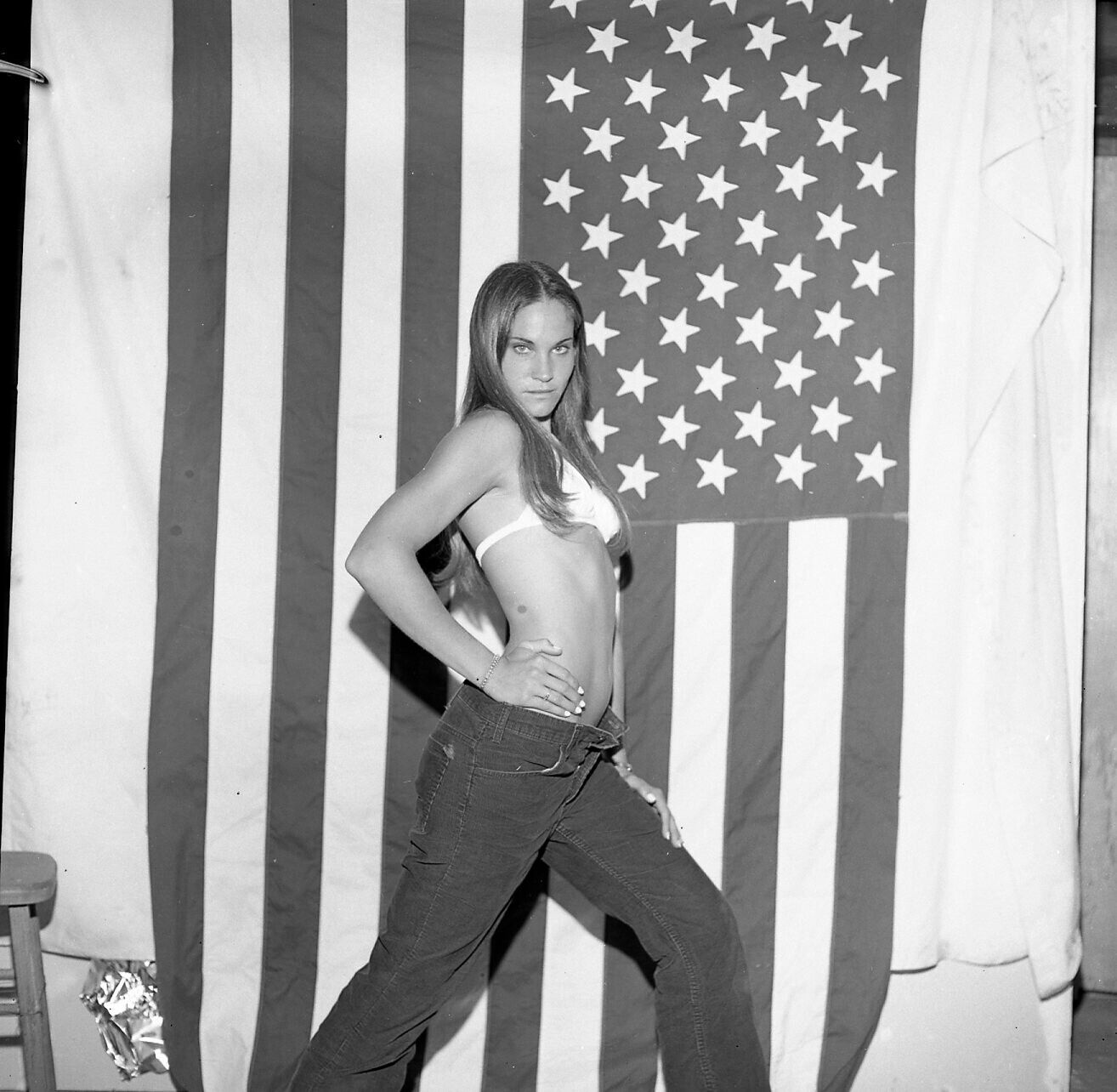 Vintage  Negative B&W Med Format Girl Model Bikini Top USA Flag Pro Photo #70