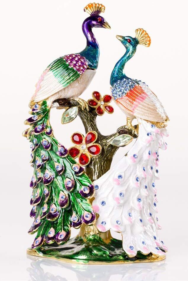 Hand Painted Pair of Peacocks Figurine Enamel Hinged Jewelry Trinket Box