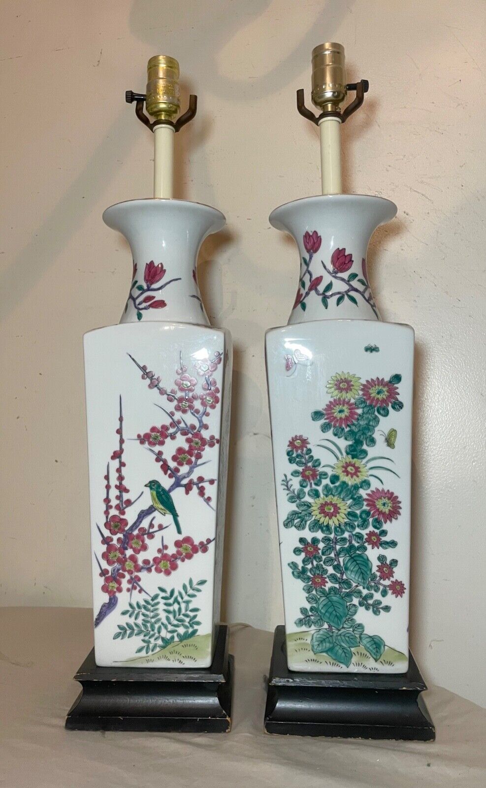 pair of vintage tall hand painted white porcelain Chinese electric table lamps