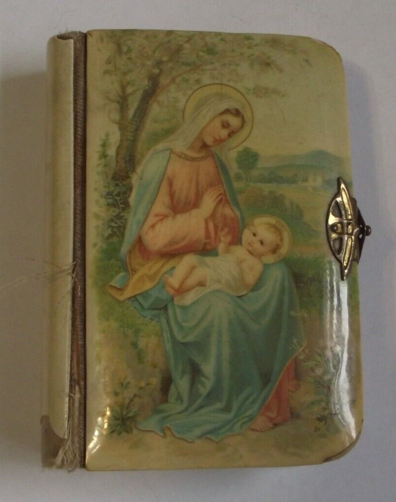 1895 Antique Virgin Mary Mother & Child Jesus small prayer book with brass latch