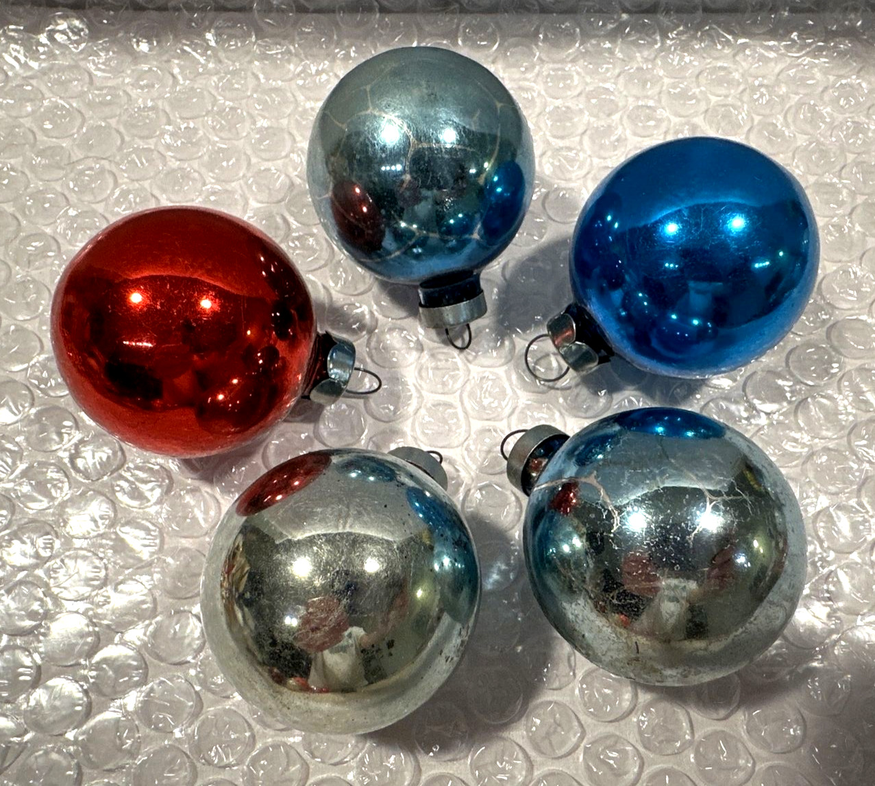 Lot of 5 Vintage 1950s Mercury Glass Antique Round Christmas Ornaments 1.75”