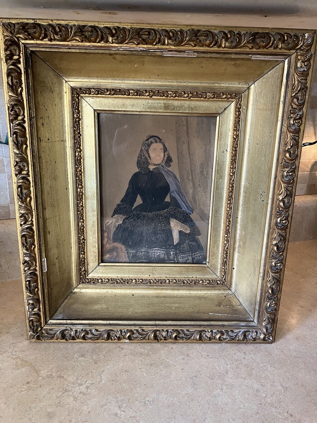 1870’s Victorian Lady Woman Portrait in a Gold Gilt Gesso Picture Frame Ornate