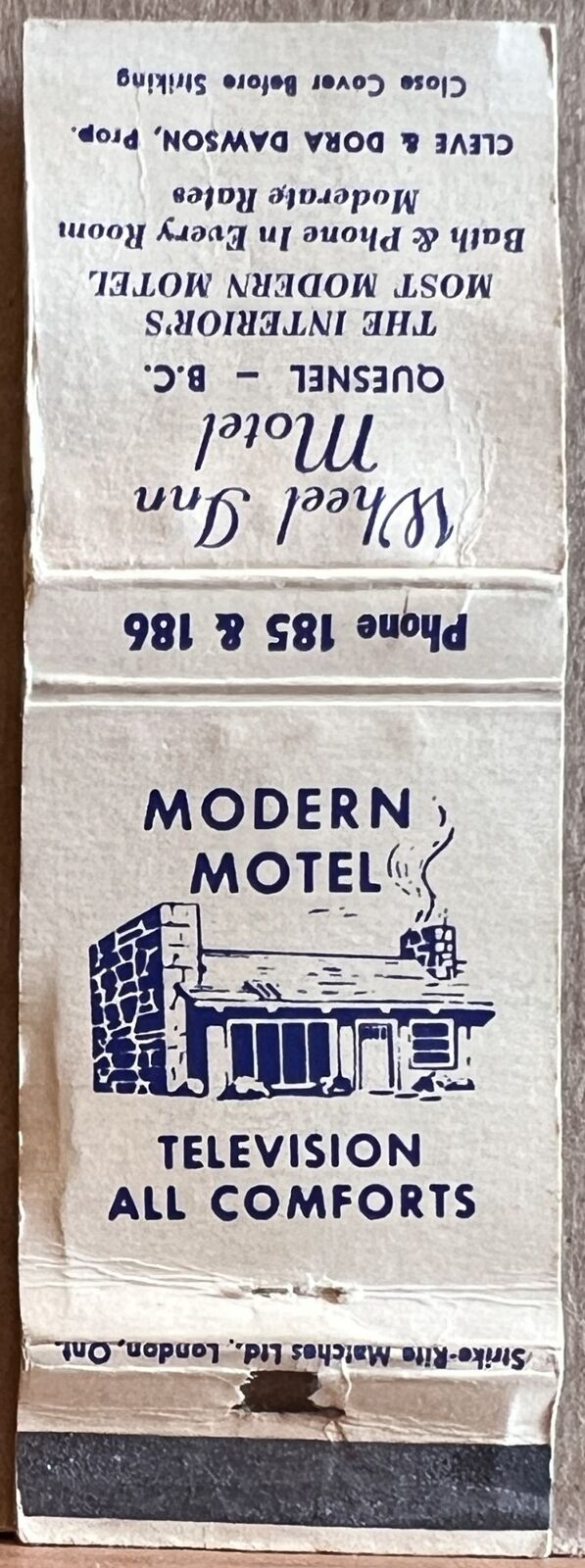 Wheel Inn Motel Quesnel BC British Columbia Canada Vintage Matchbook Cover