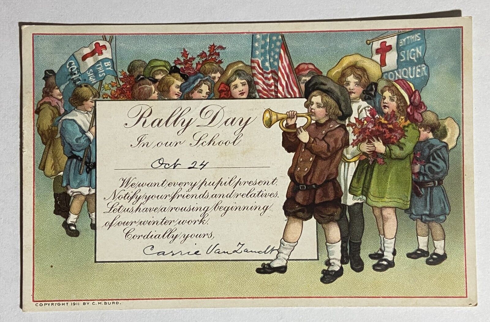1915 Old Antique Postcard Patriotic WWI or School Rally Day Oakland City Indiana