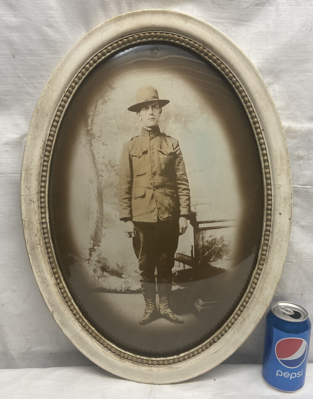 Vtg Antique WW1 American USA Soldier Frame Convex Glass Sepia Portrait Picture