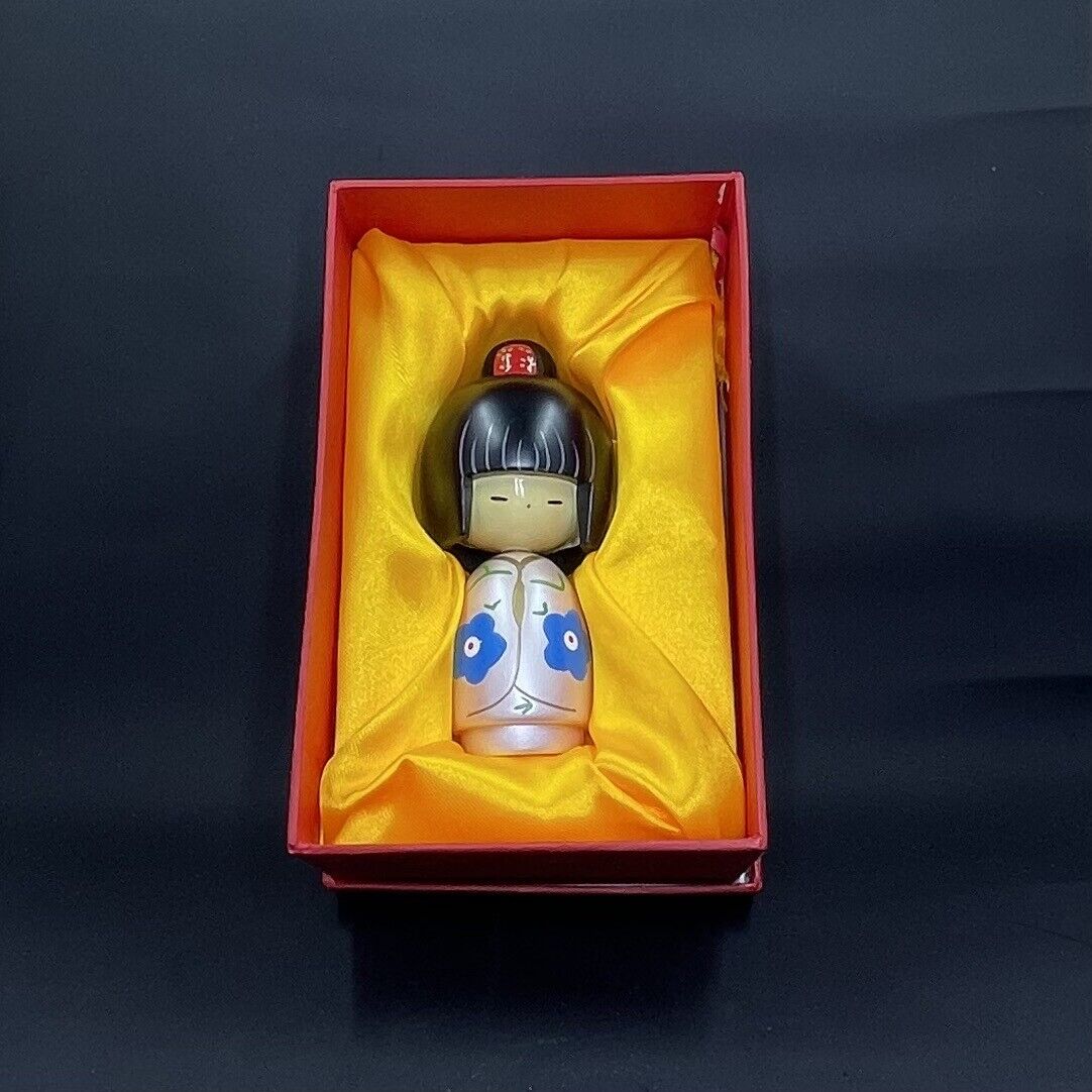 Vintage Japanese Kokeshi Doll Pink Kimono Blue Flowers Satin Lined Gift Box