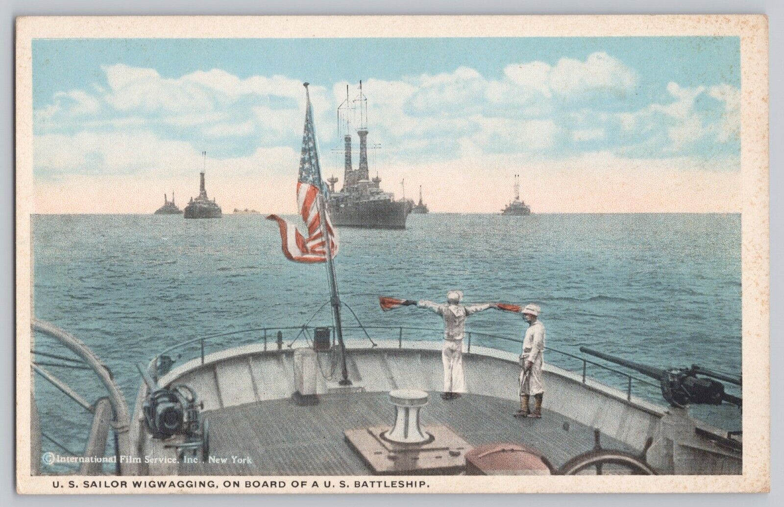 U. S. Sailor Wigwagging Battleship postcard Sailors Signaling 1920s/1930s USN