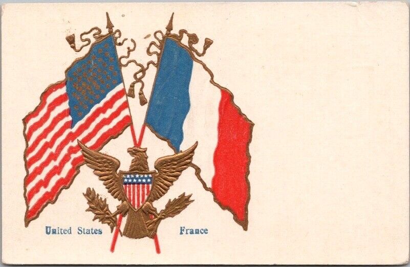 c1900s Patriotic Greetings Embossed Postcard American & French Flags / UNUSED