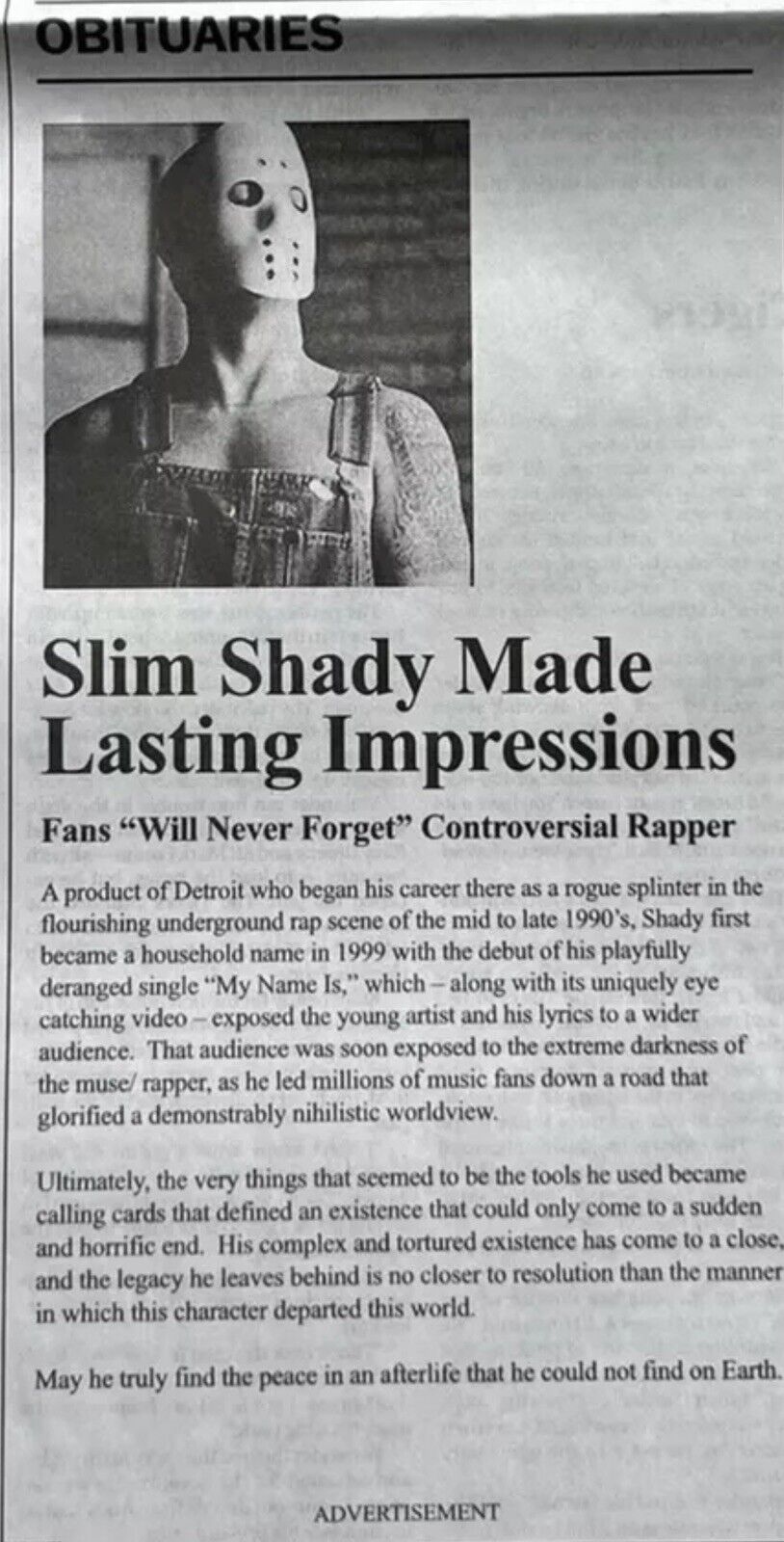 Eminem Slim Shady Detroit Free Press Obituary Death Promo Ad May 13, 2024 RARE