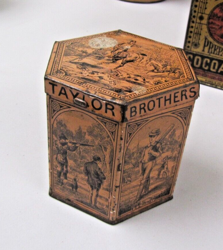 Antique Taylor Brothers Chocolate Cocoa Tin Fishing Hunting Sailing Cricket