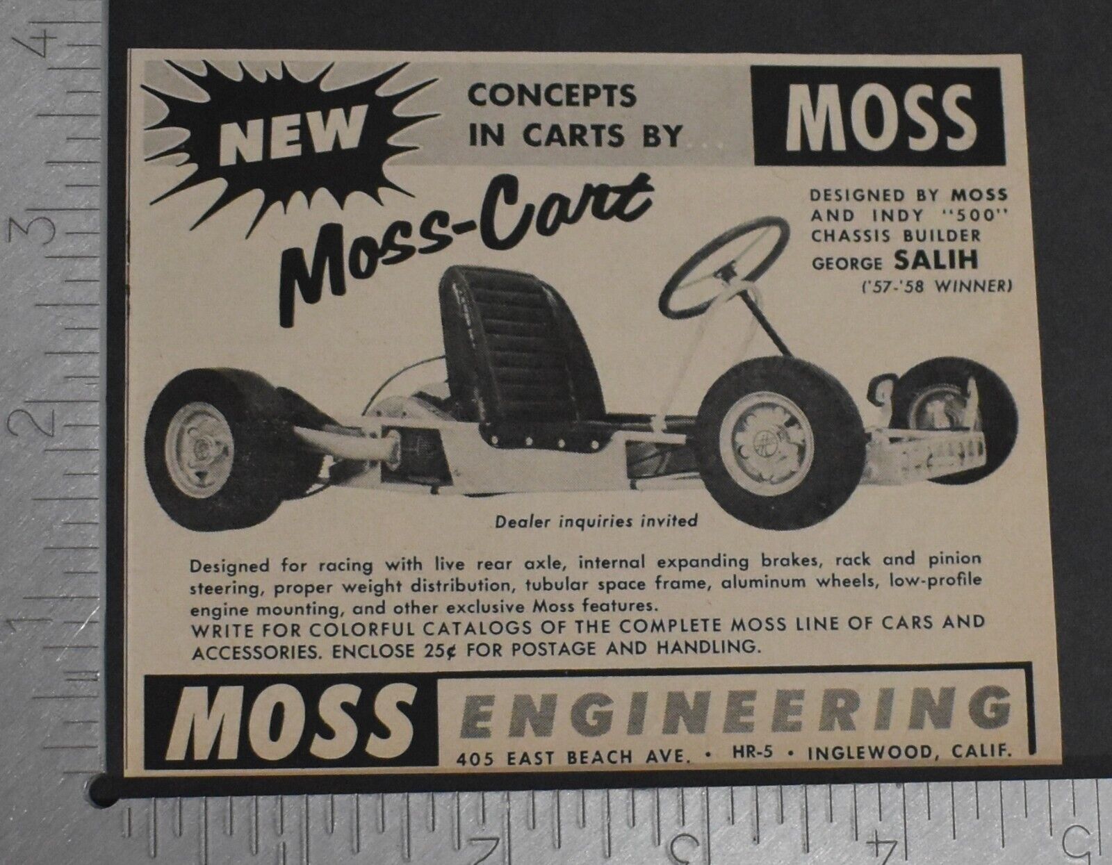 1960 Print Ad Go Kart Cart Moss Engineering 405 E Beach Ave Inglewood CA art