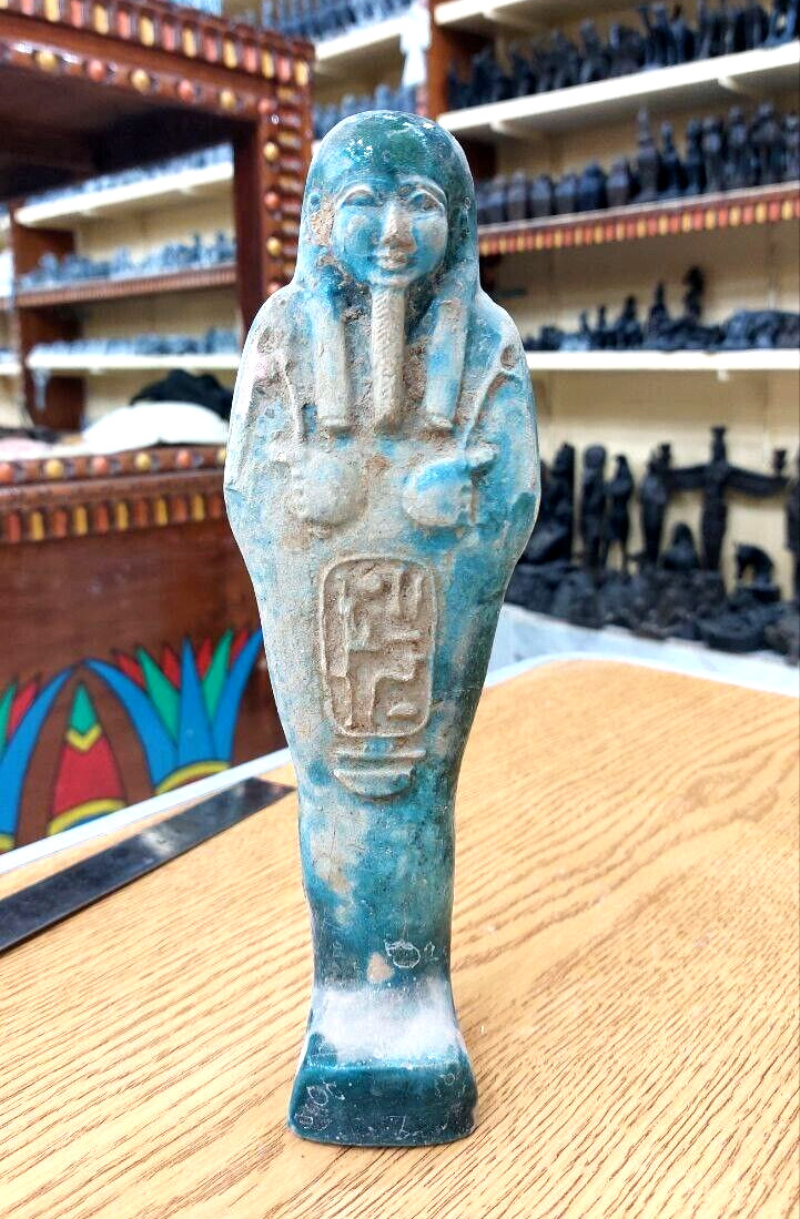 Vintage Blue Ushabti Unique Ancient Statue Egyptian Carved Handmade Stone