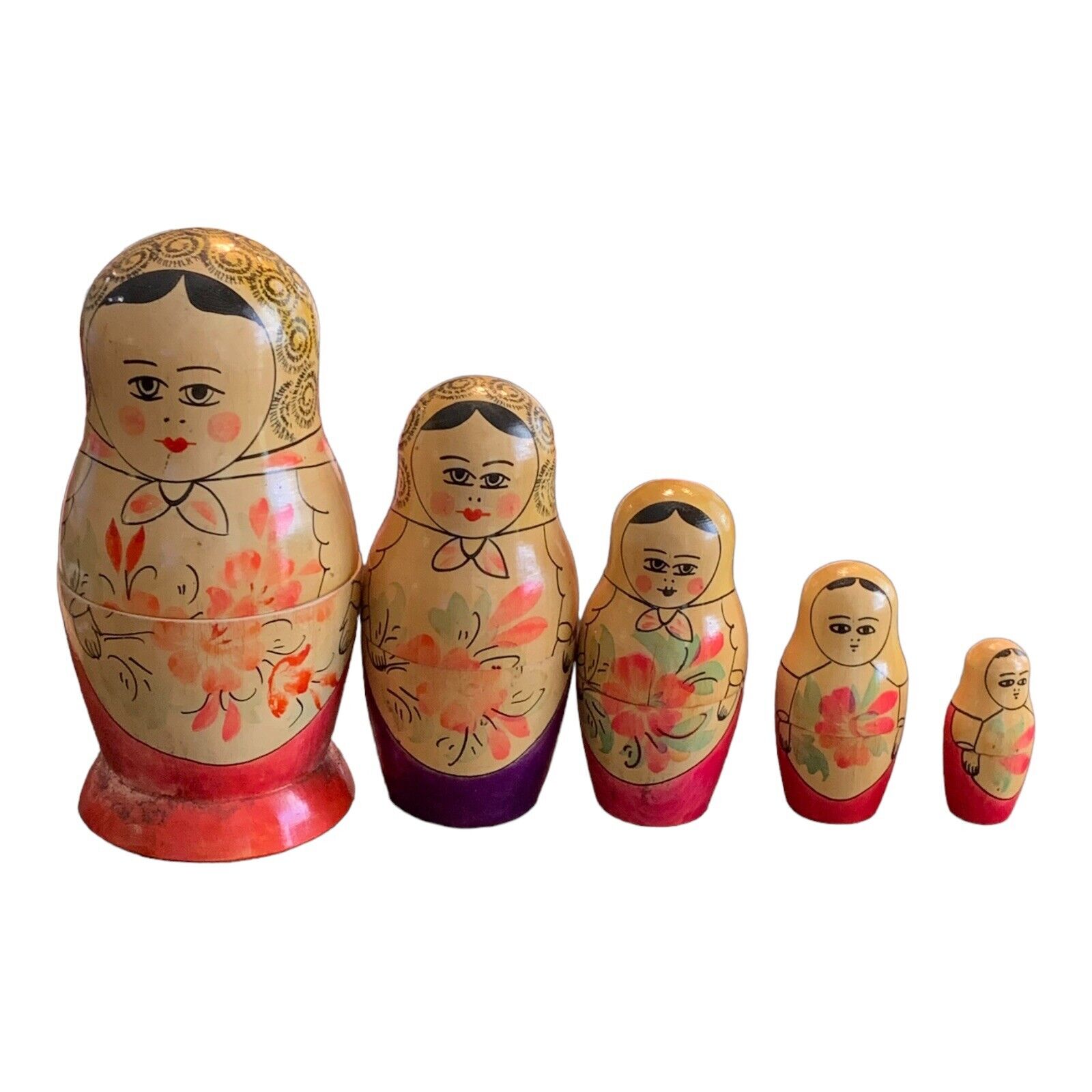 Vtg 5 Pc  Russian Nesting Wood Dolls “Matryoshkaen” Tallest Doll Is 6 1/2” Tall