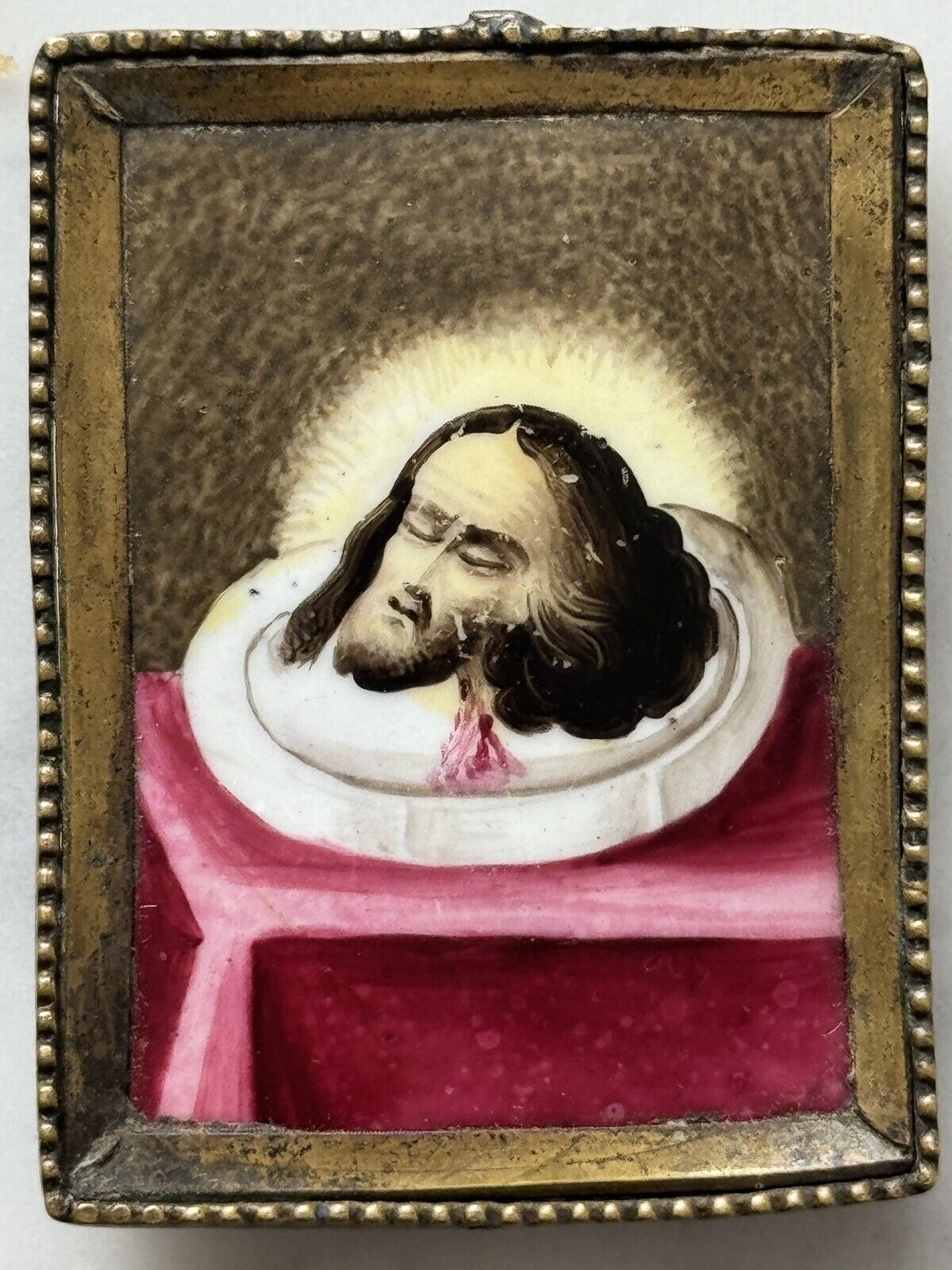 Antique Russian Finift Painted Porcelain Icon Head Of Saint John Baptist 19th C.