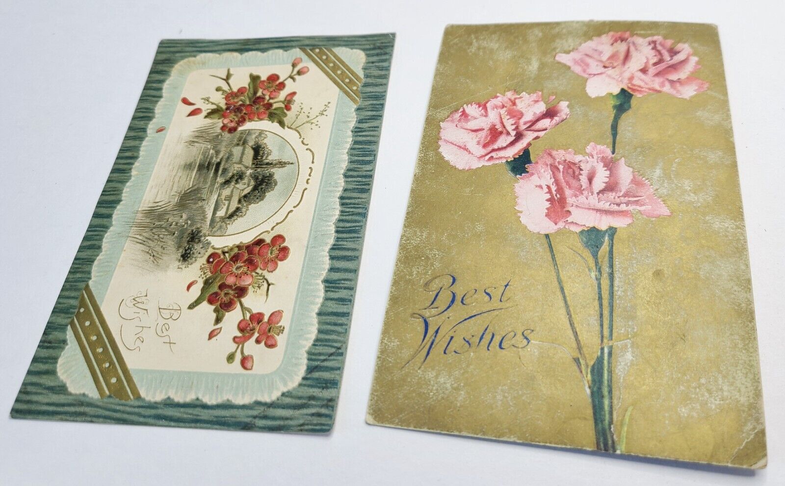 2 Antique Lithograph Floral Best Wishes Postcards Carnations