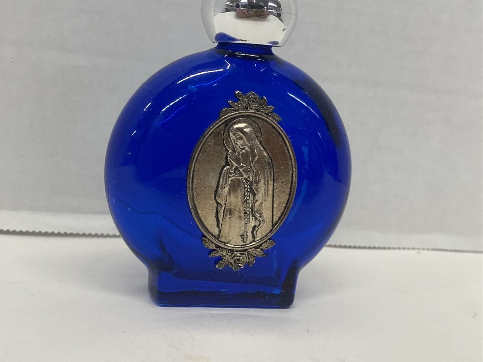 Vintage 4” Holy Water Bottle Cobalt Blue Glass Virgin Mary Lady of Guadalupe