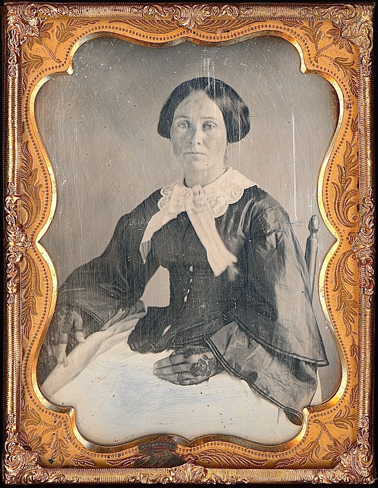 Light Eyed Woman Wearing Lace Gloves +White Bow 1/4 Plate Daguerreotype T175