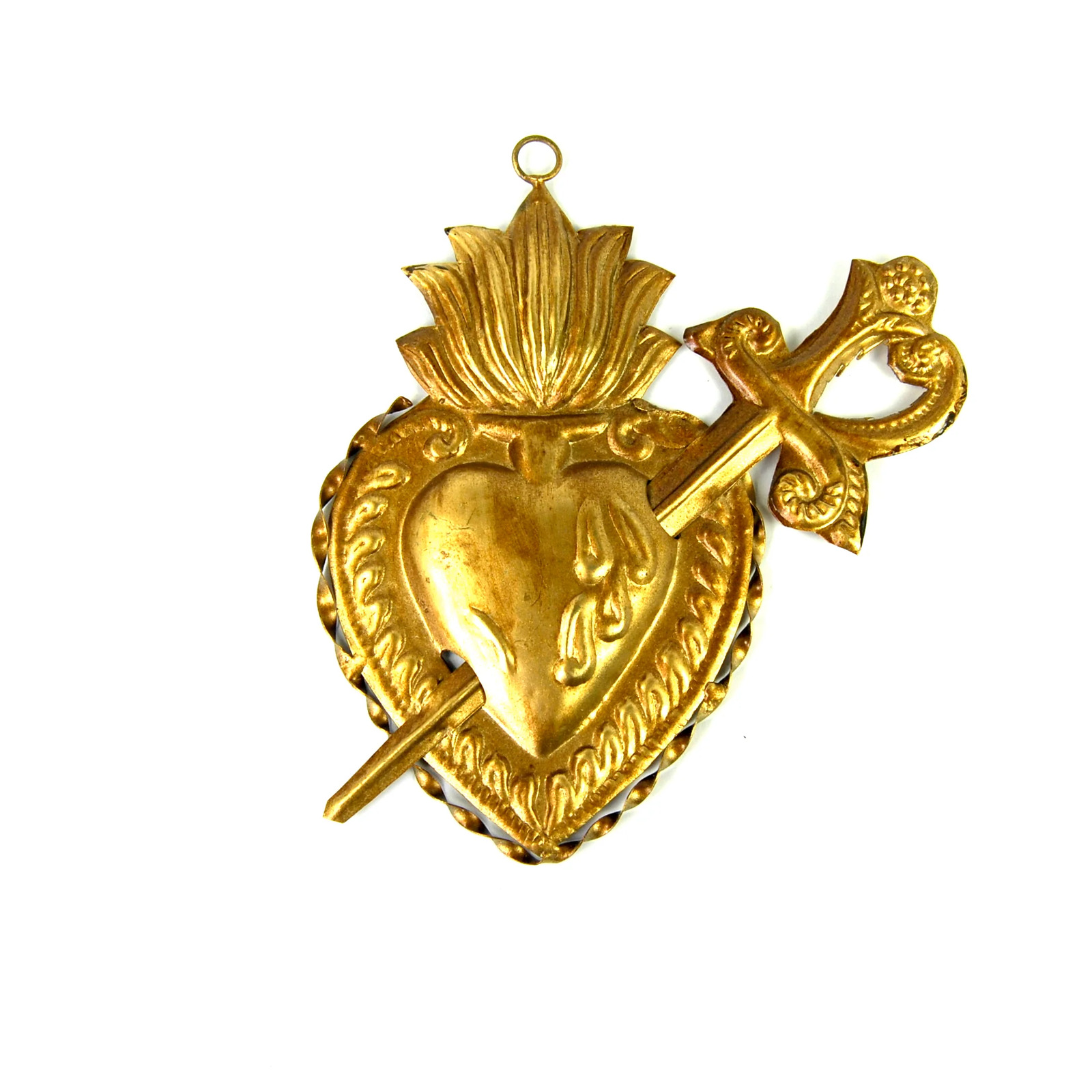5.5in Sacred Heart Ex Voto Flaming Heart with Sword Milagro Ornament