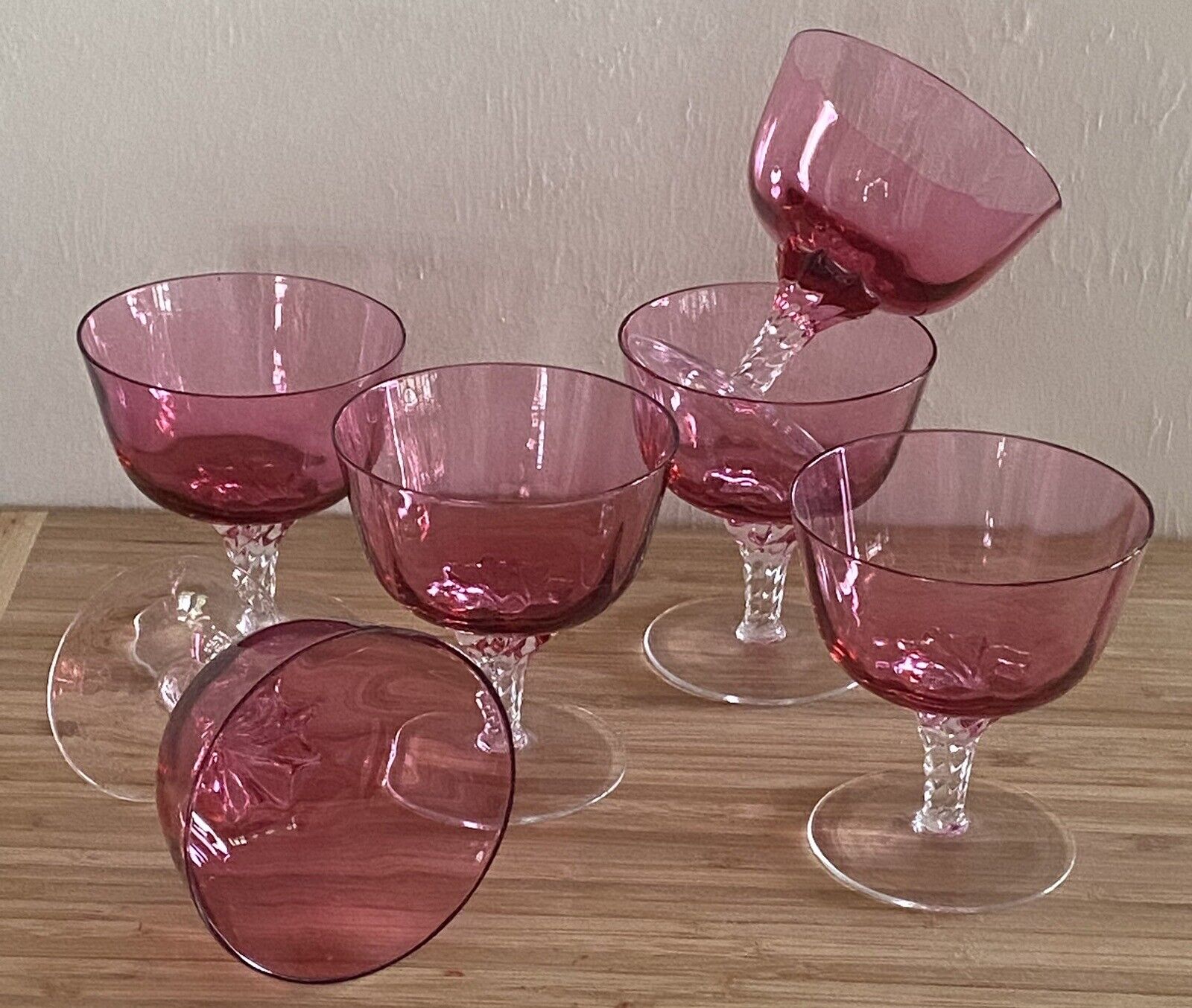 VINTAGE George Borgfeldt Optic Cranberry Crystal Champagne / Sorbet - Set of 6