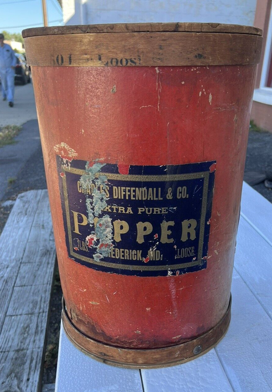 Antique Charles Diffendall & Co Wholesale Pepper Container Drum