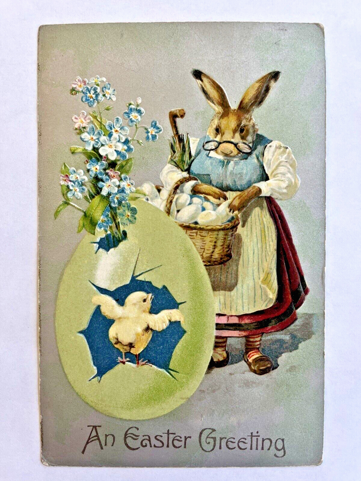 Easter Vintage Postcard Humanized Dressed Female Rabbit Egg Basket Glasses Chick