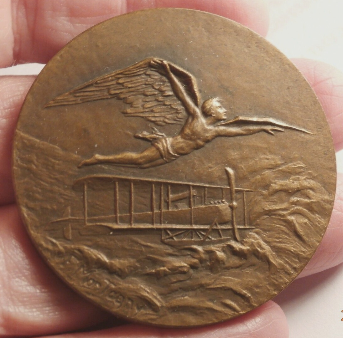 EARLY 1900s FRENCH BIPLANE by MONTAGNY BRONZE MEDAL AS MADE C-1867B.