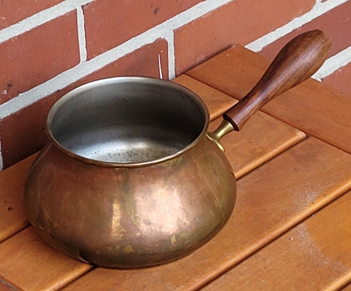 Vintage Copper Sauce Pan Made in Italy Wooden Handle, Unique Design Great Decor