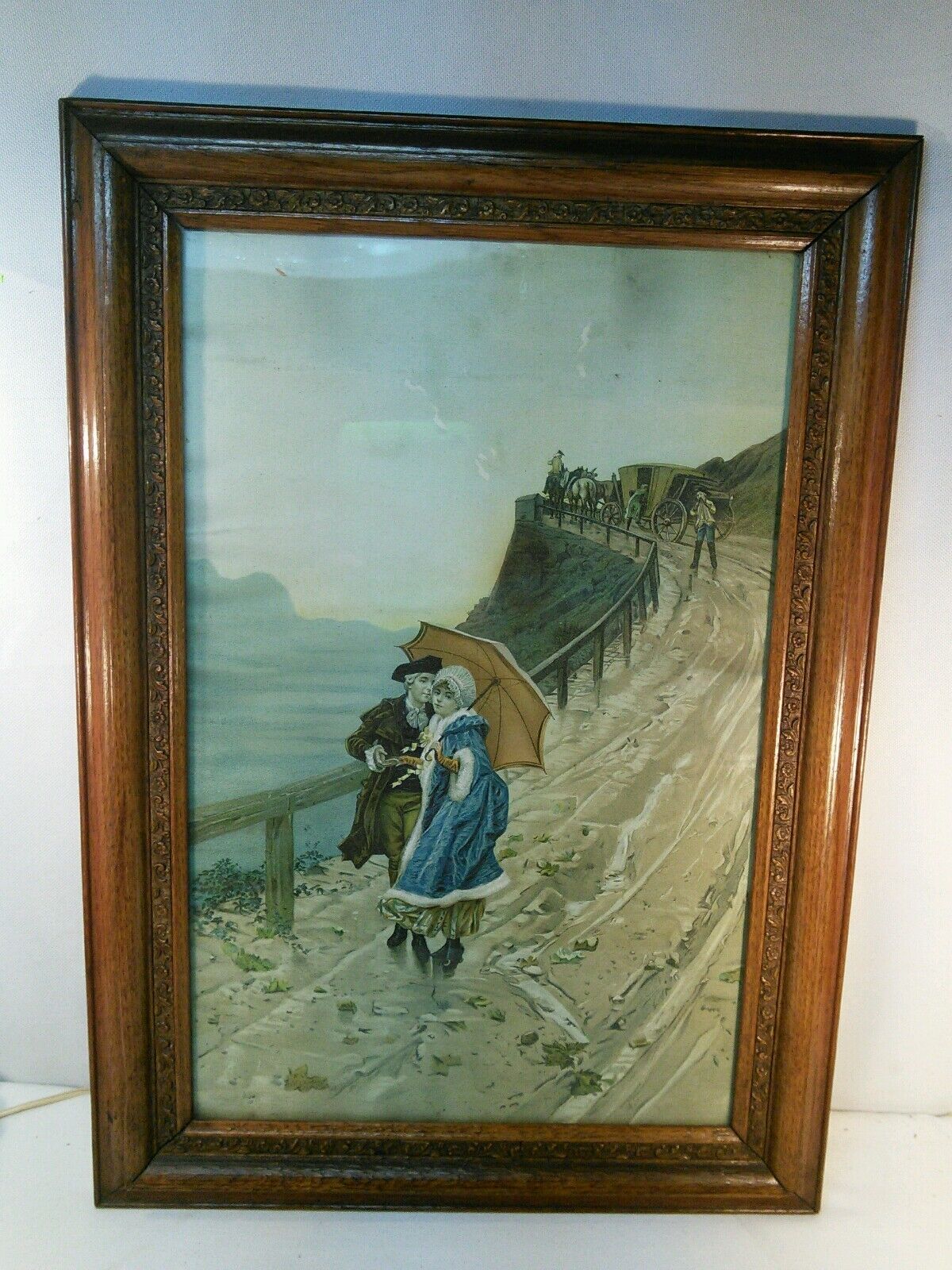 Vtg BEAUTIFUL Wood Frame Carved Flowers Colonial Lovers Mountain Rd print