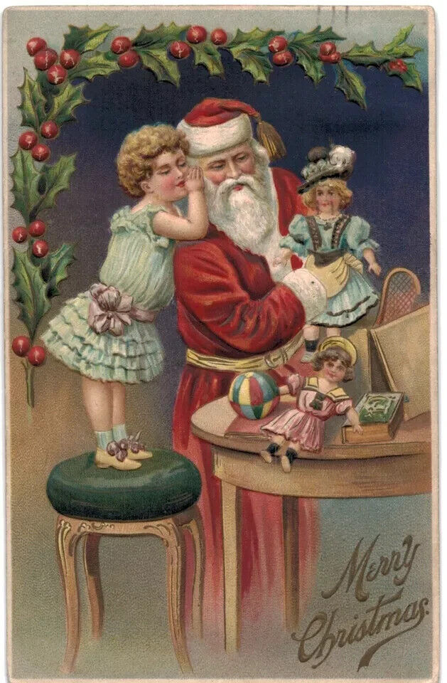 Little Girl with Santa Claus~Toys~Dolls~Antique Embossed~Christmas Postcard~h916