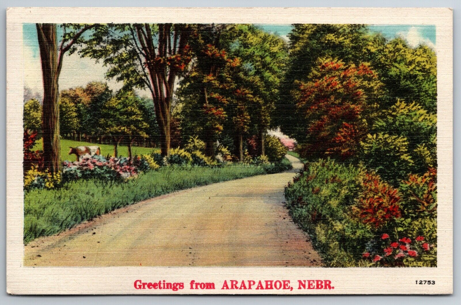 Greetings from Arapahoe Nebraska Country Road Fall Trees Cow 1945 Postcard