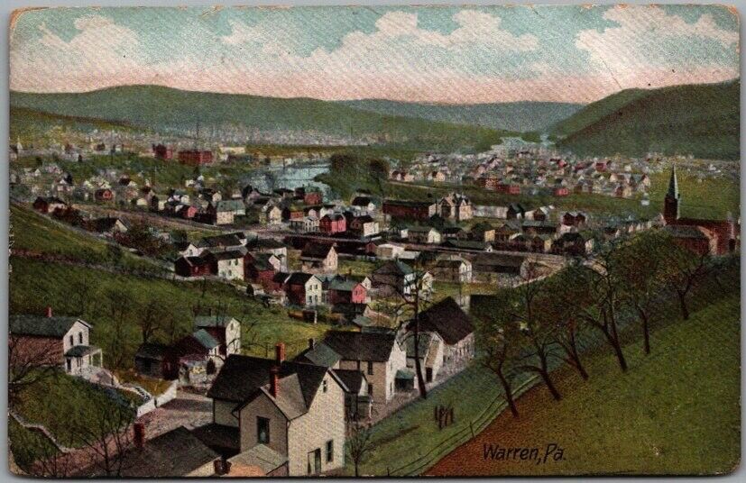 Warren, Pennsylvania Postcard Bird\'s-Eye Panorama City View / 1910 Cancel