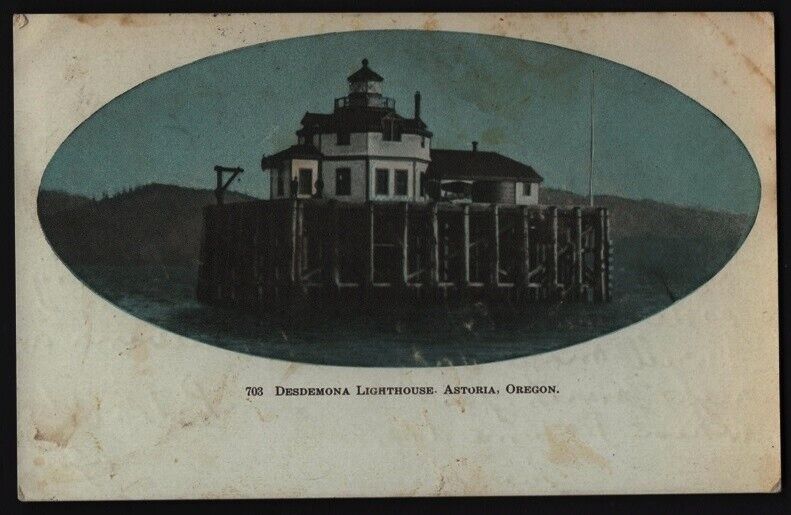 DESDEMONA LIGHTHOUSE, Columbia Riv Astoria OR Colorized RPPC (?)  posted in 190?