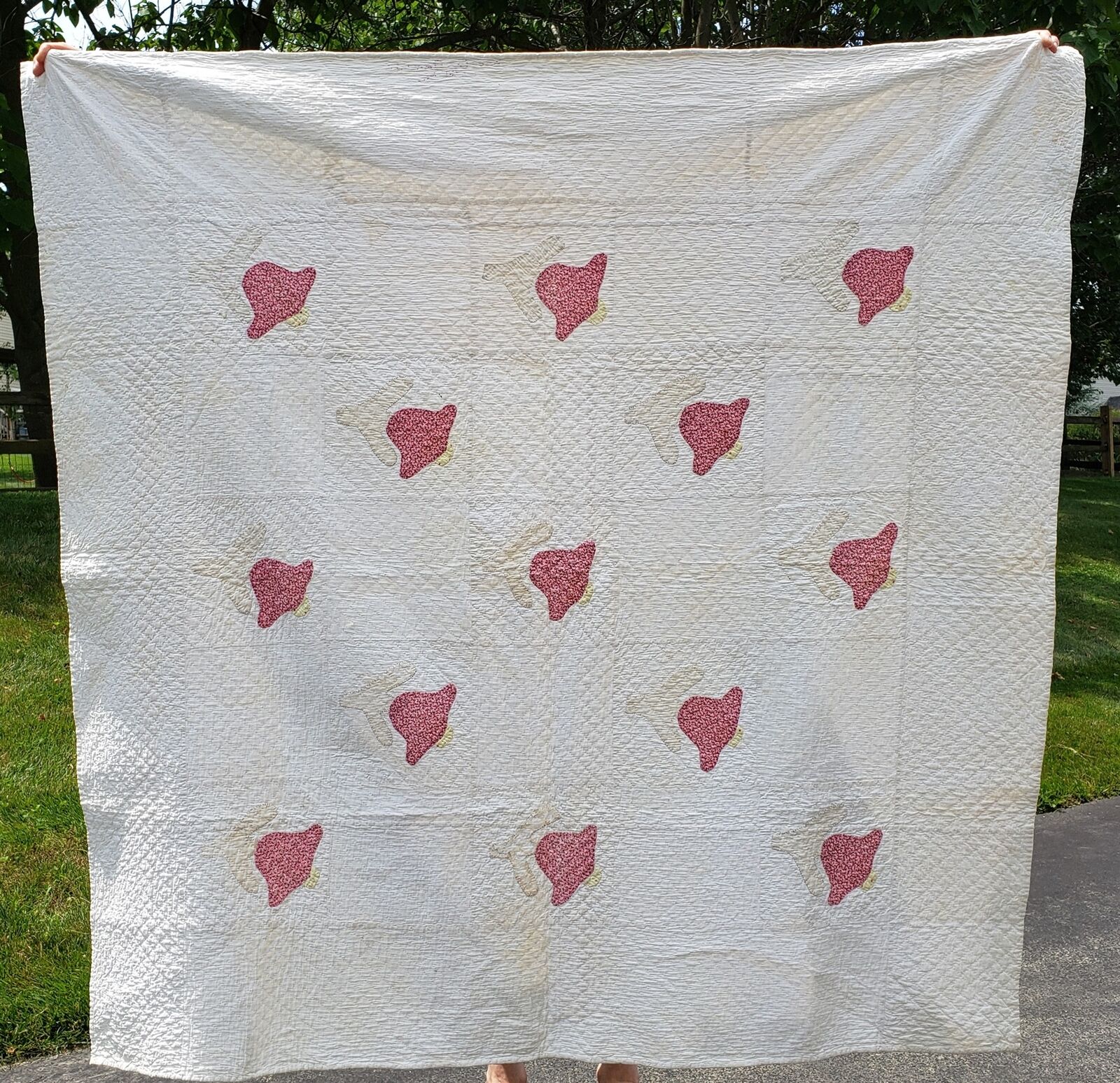 1922 antique TULIP FLORAL QUILT signed and dated Hand Stitched 58x59
