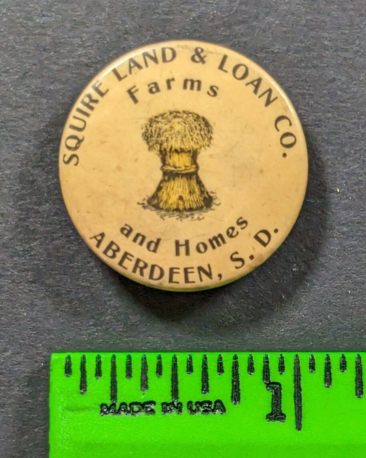 Vintage Squire Land & Loan Farms Aberdeen South Dakota Pinback Pin