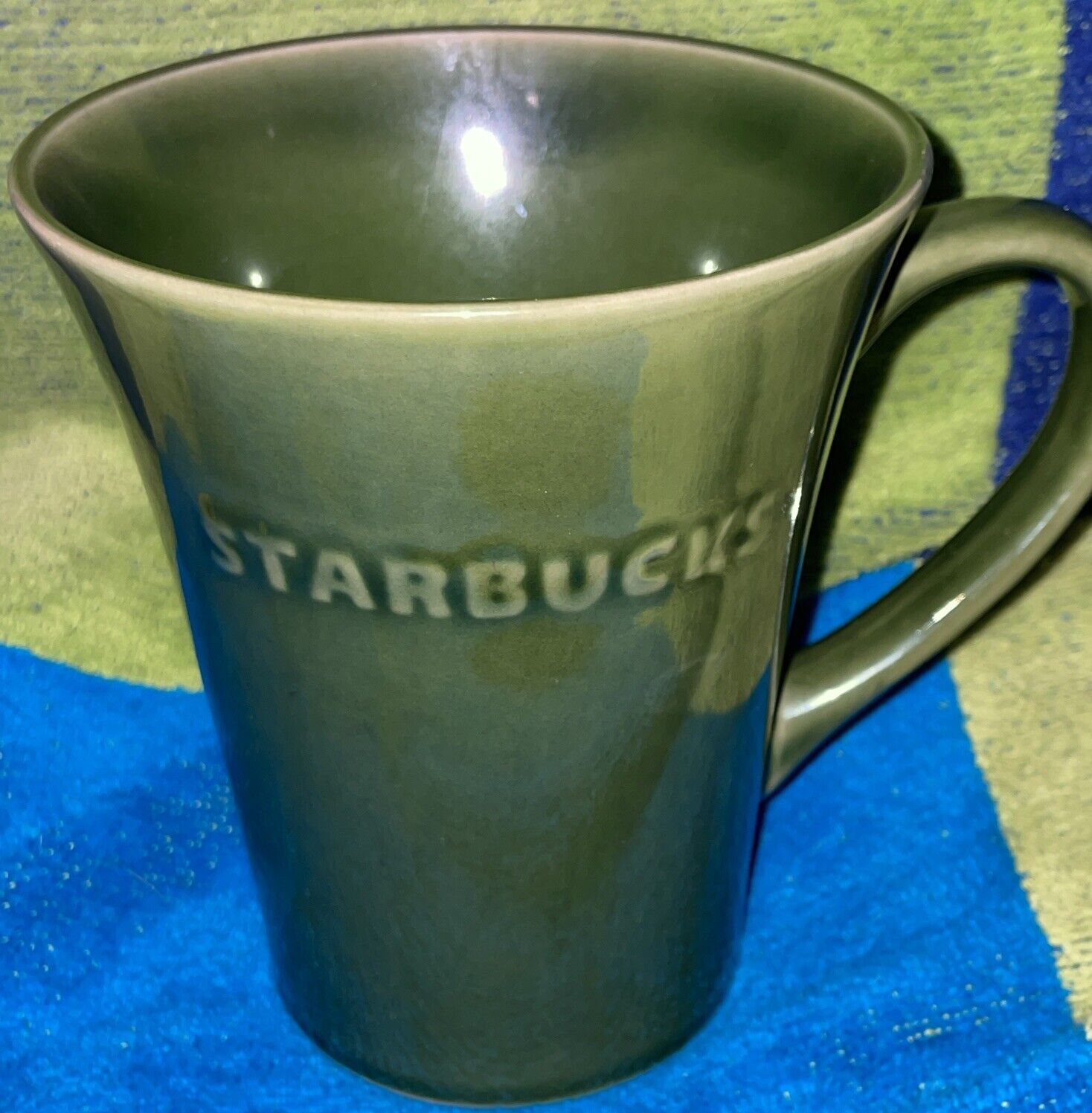 Starbucks Coffee Tea Mug Green 2011 Embossed Logo Flared Rim Large 21 Oz Ceramic