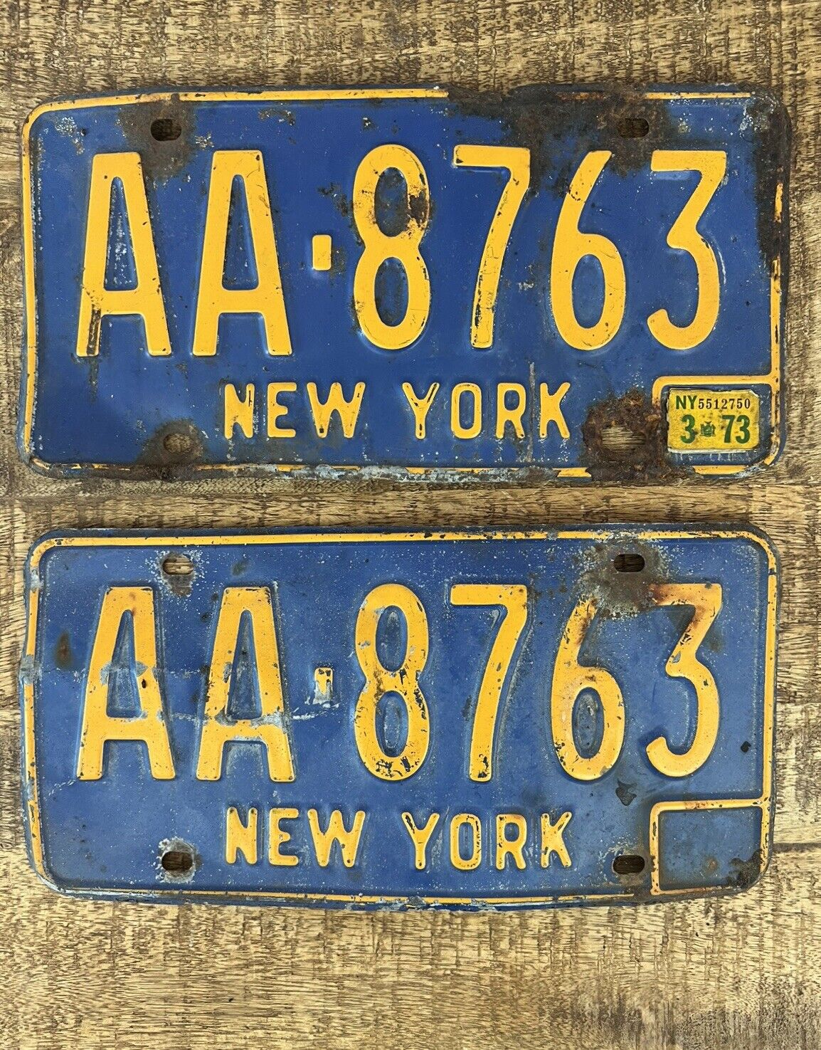 New York NY License Plates Tag Matching Set Pair Vtg Blue Orange 70s Embossed