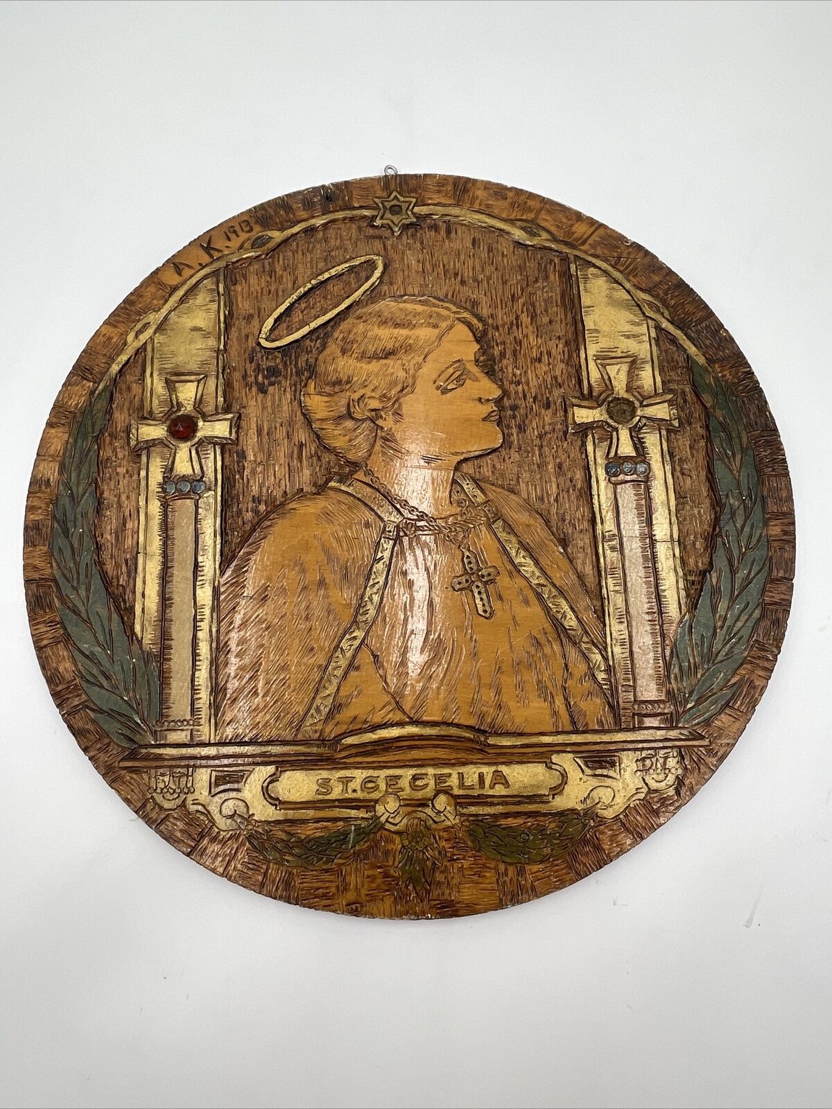 Antique Pyrography Flemish Art Co. 1913 St. Cecelia Catholic Orthodox Stamped