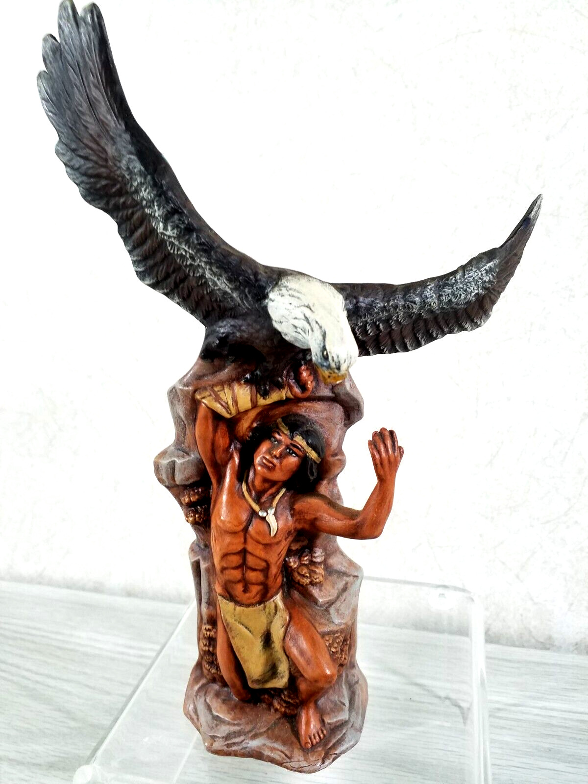 Native American INDIAN &EAGLE  Ceramic Figurine Sculpture Warrior Eagle 1990 9in