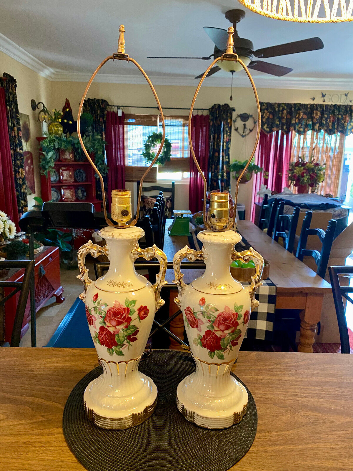Vintage Pair Ceramic Lamps 12” Hand Painted Bedside Beauties