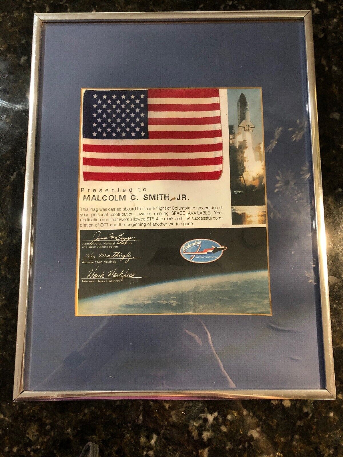 Space Shuttle Columbia Carried Flag, NASA Certificate STS-4 Voyage Artifact