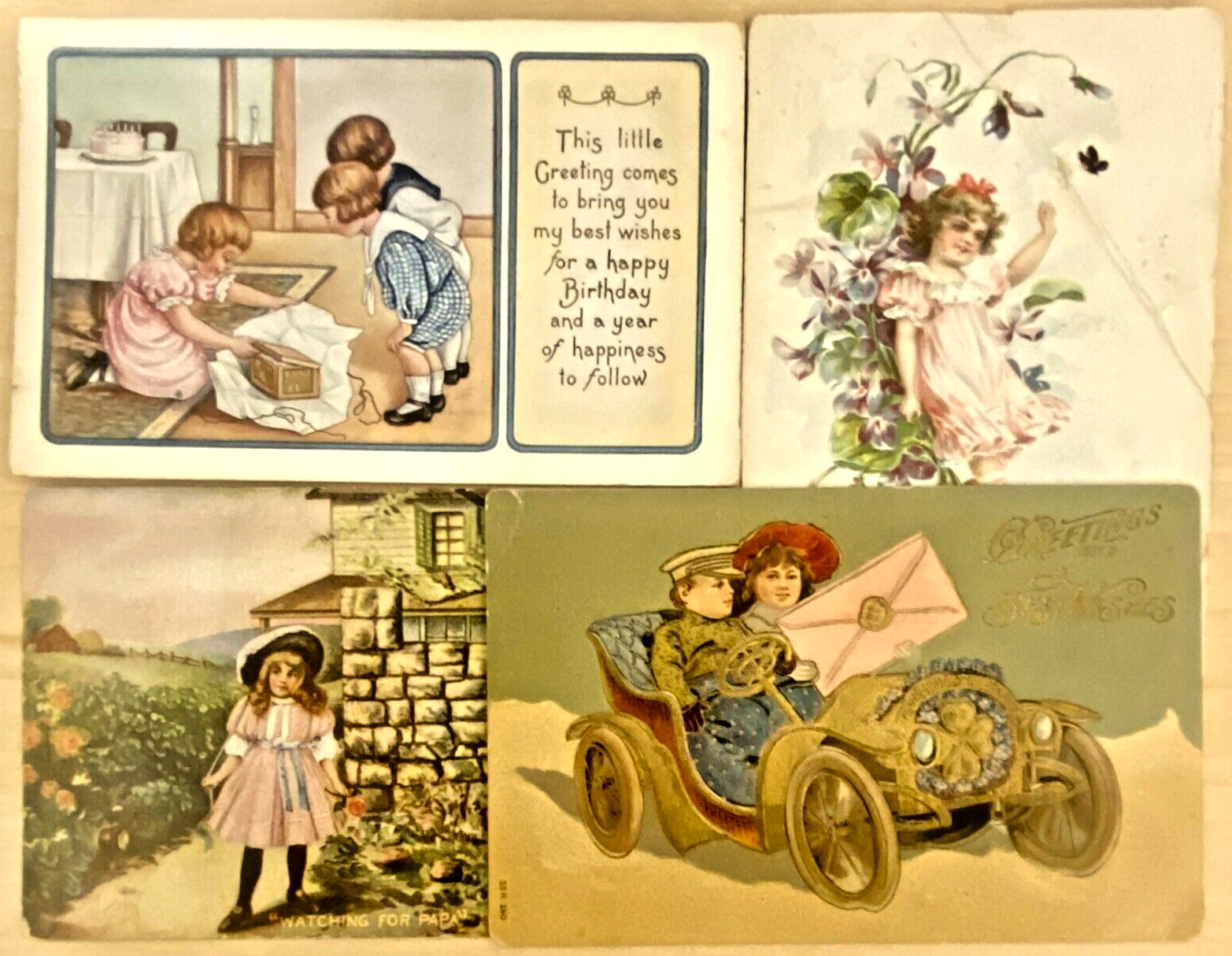 Lot of 4 Cute Vintage Postcards Greetings Birthday Children Great for Crafts