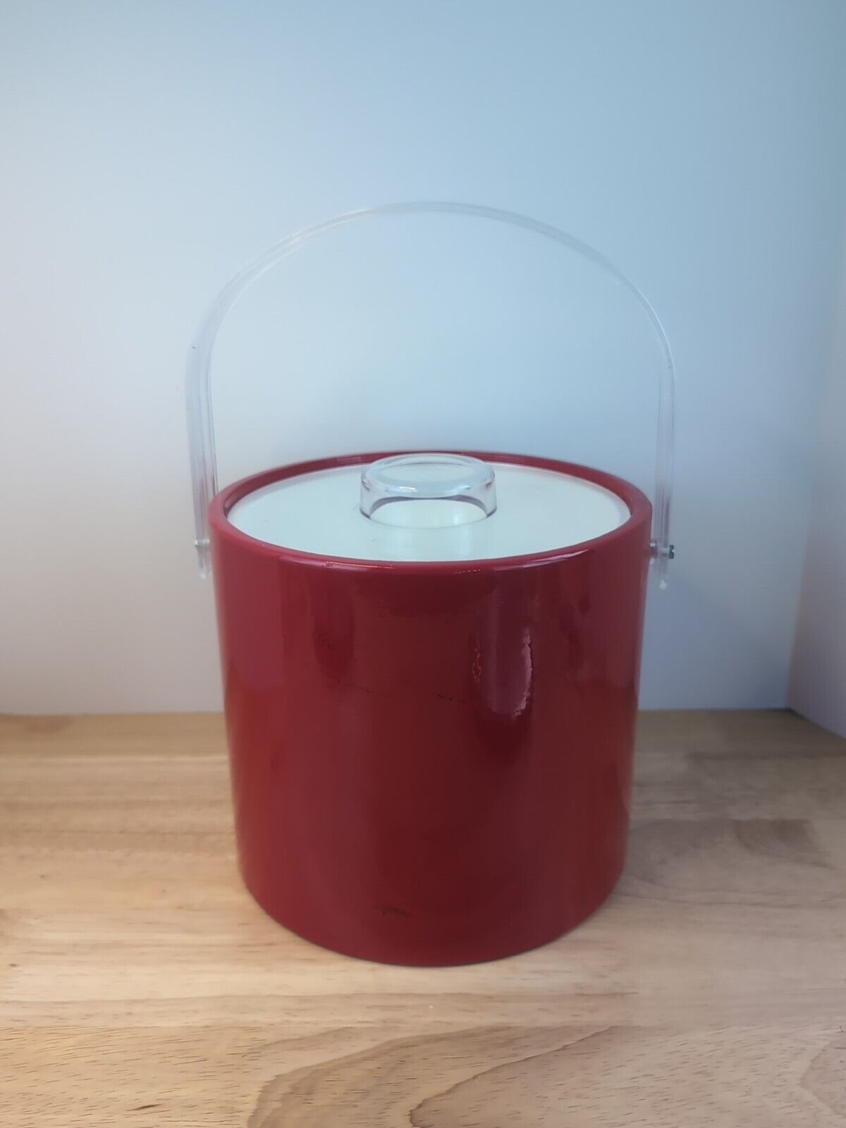 Vintage Mid Century Modern MCM Red Vinyl Handled Ice Bucket 7\