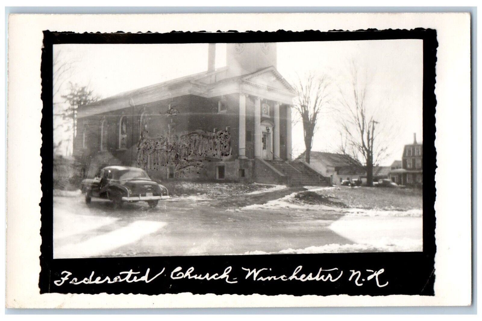 Winchester NH Postcard RPPC Photo Federated Church Car Scene c1940's Vintage