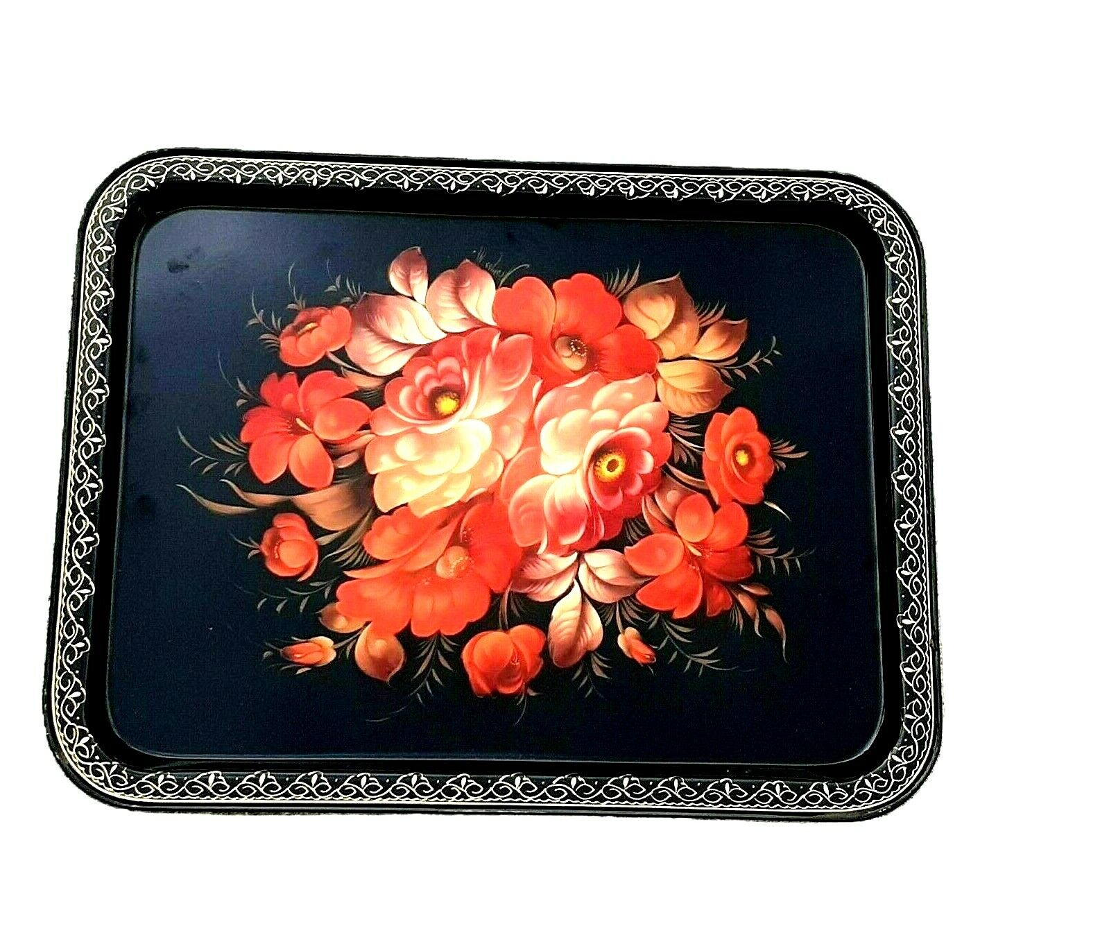 VTG Zhostovo Tray Metal Hand Painted Artist Signed Tole Rosemaling 17.5\