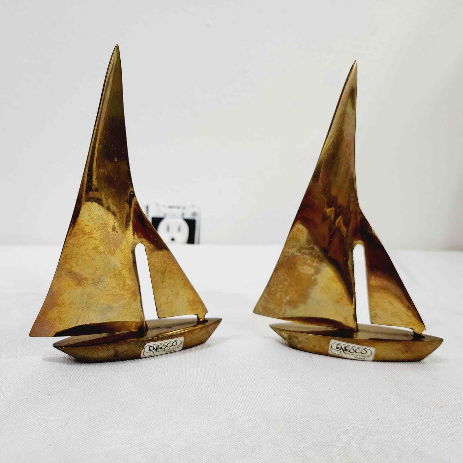 Vintage Enesco Mid-Century Modern Brass Sailboat Sculptures Paper Weights 1960s